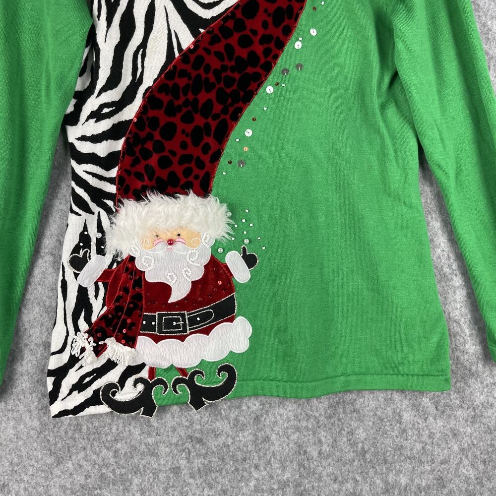 Berek Studio Ugly Christmas Sweater Womens Medium Green Santa Beaded Sequin 3D - Picture 3 of 15
